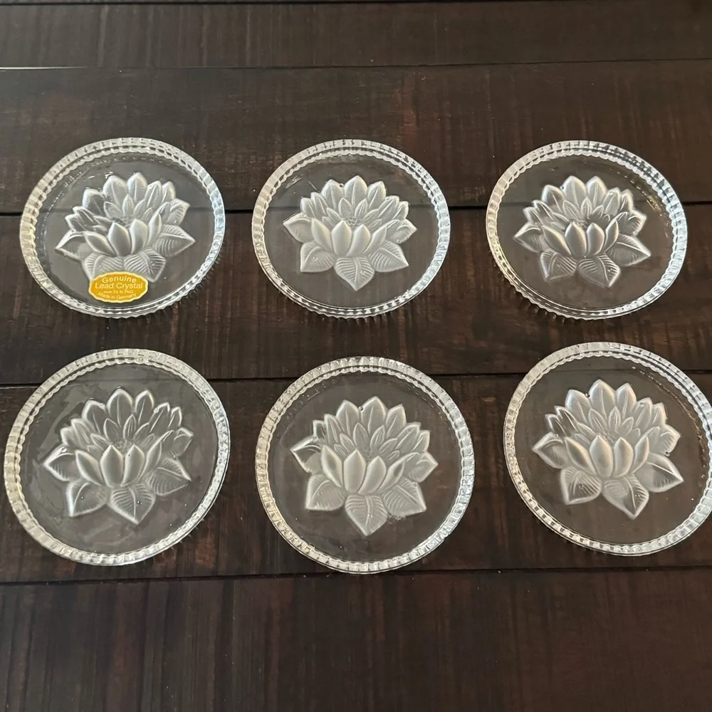 Set of 6 Lead Crystal‎ Lotus Coasters West Germany Vintage Glass Drink Bar Cart